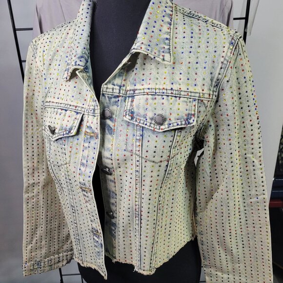 Veveret Multi Color Stripe Rhinestone Raw Hem Denim Jacket - Picture 1 of 12